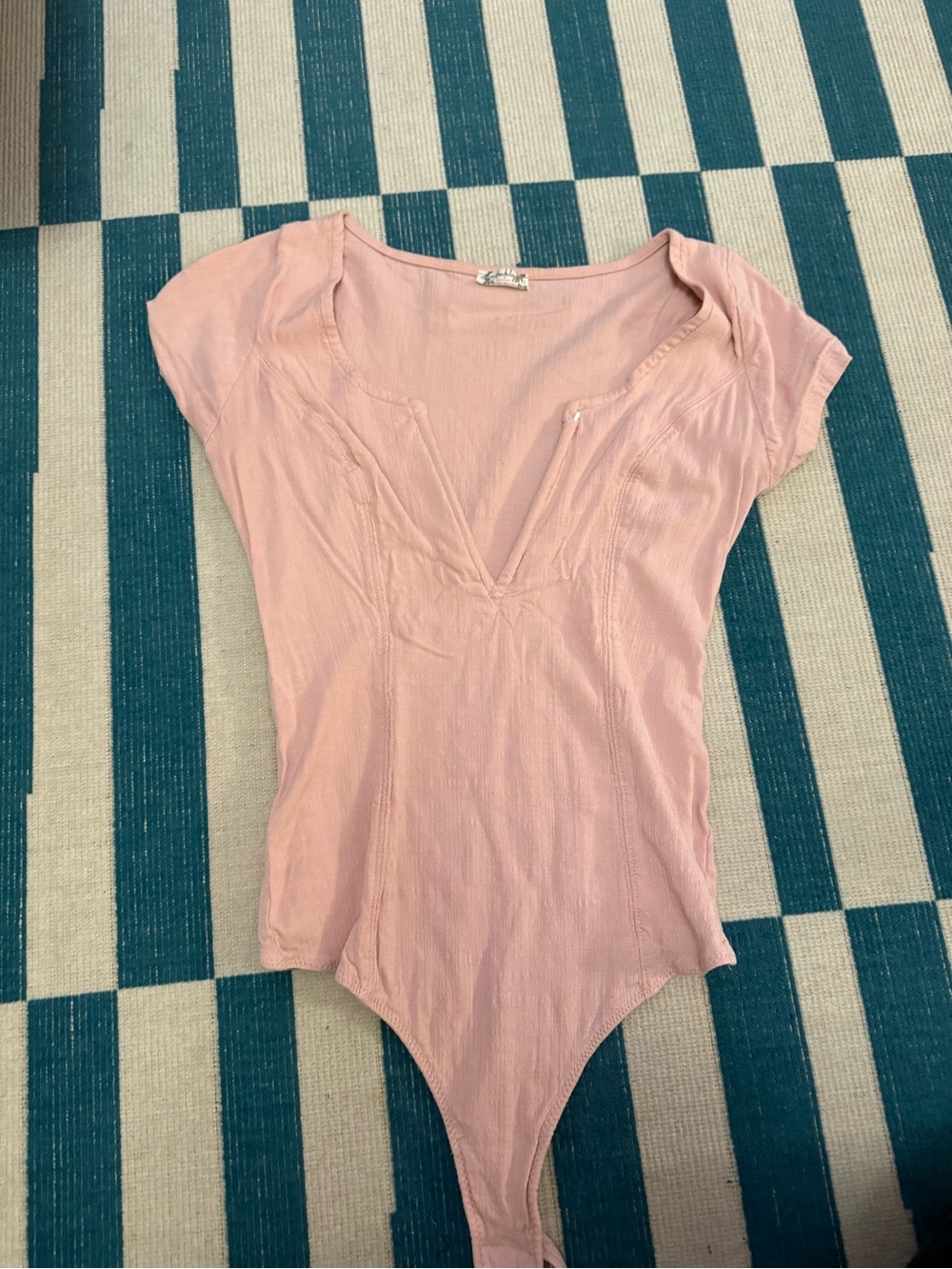 Free People Pale Pink V-Neck Short Sleeve Bodysuit